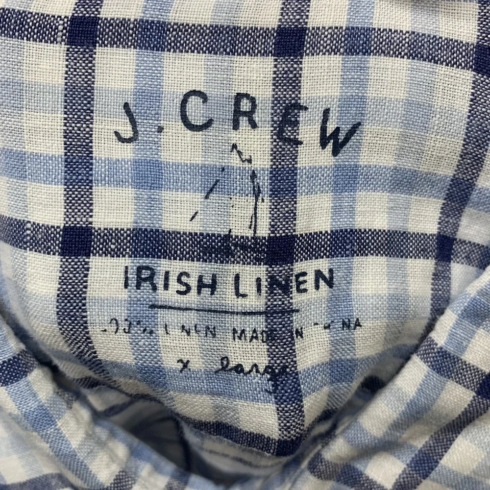 J Crew  Plaid Blue Irish Linen Button Up  Shirt Men  XL  Long Sleeve Travel Work